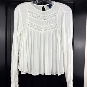 Scoop Womens White/Cream Gauze Boho Blouse Crochet Lace Long Sleeve XS 0-2